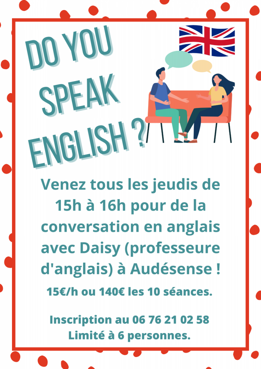 Venez tous les jeudis de 15h à 16h pour de la conversation en anglais avec Daisy (professeure d’anglais) à Audésense ! – 1